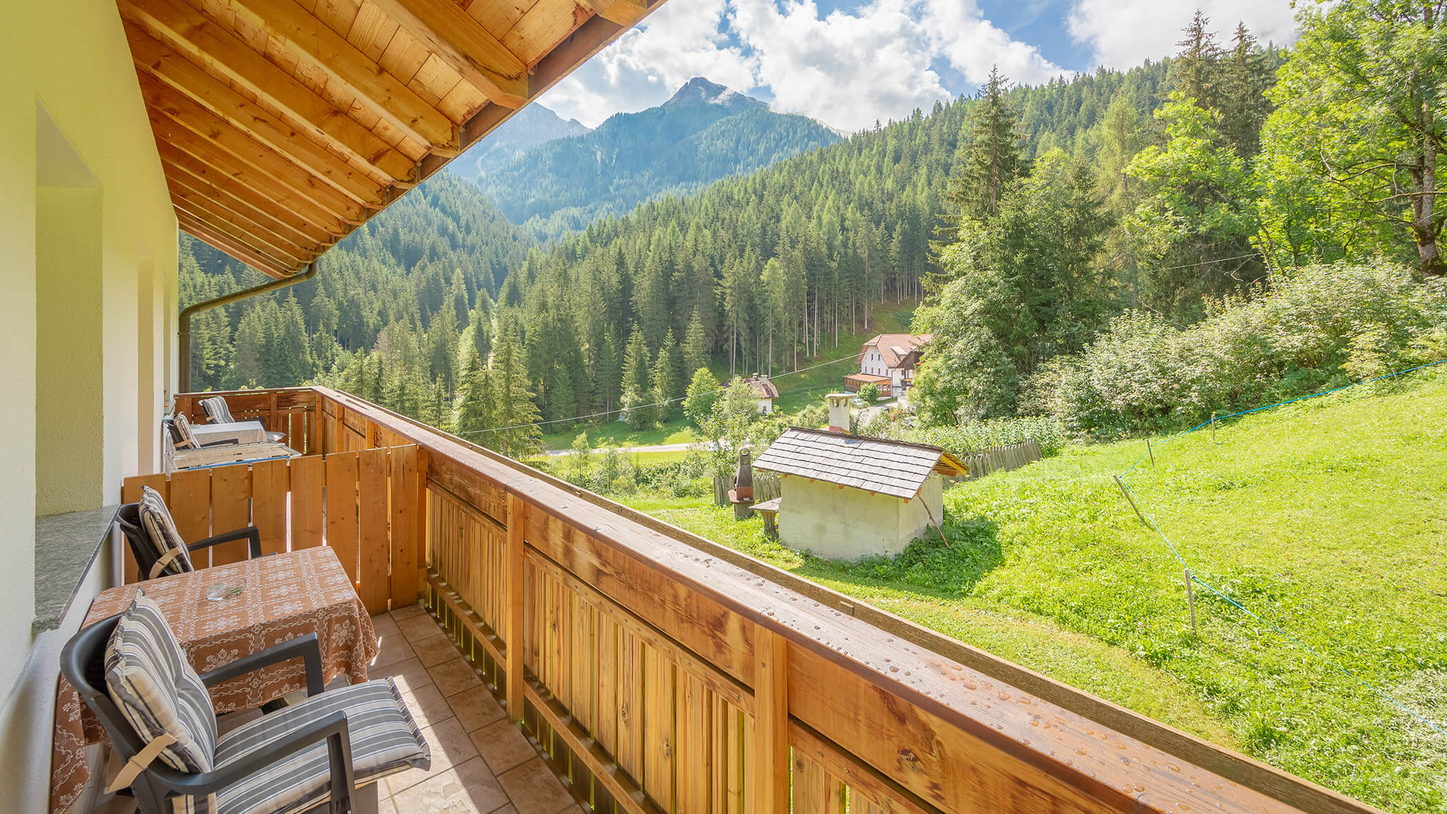 Balkon vom Bad Bergfallerhof mit Blick auf eine grüne Wiese und die Grillstelle