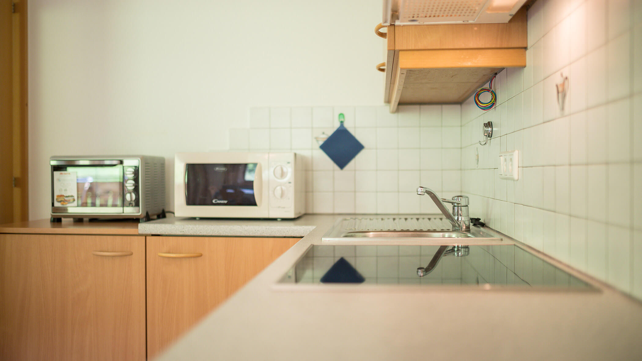 Küche mit Mikrowelle, Induktionsplatte, und Waschbecken in der Ferienwohnung Typ B - Bad Bergfallerhof