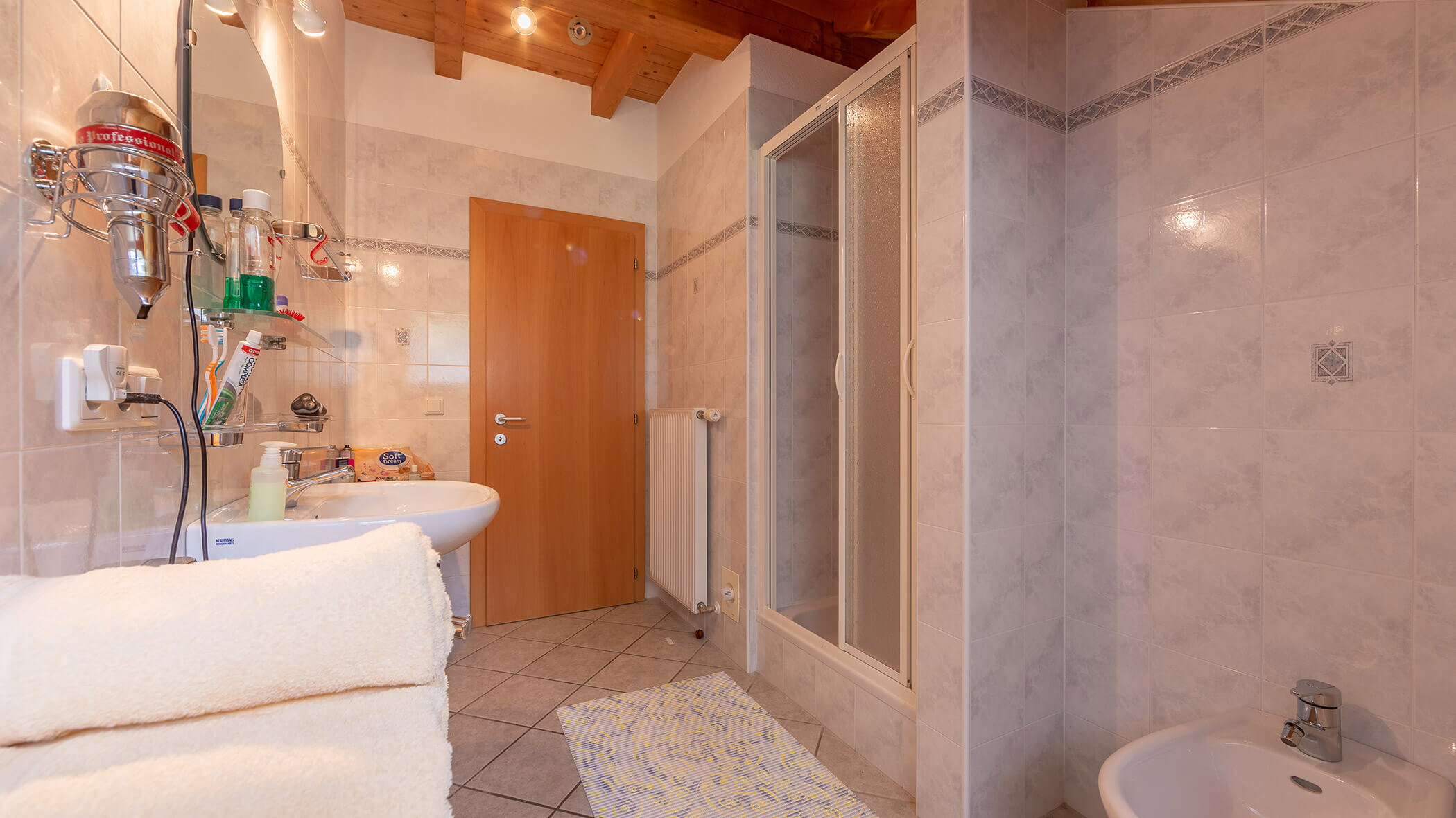 Badezimmer mit Waschbecken und Dusche in der Ferienwohnung Typ A - Bad Bergfallerhof